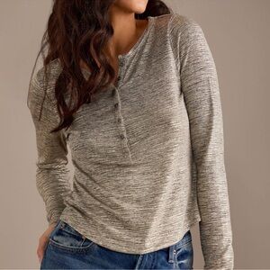 Anthropologie Pilcro Andie Metallic Silver Ribbed Henley Long Sleeve Top